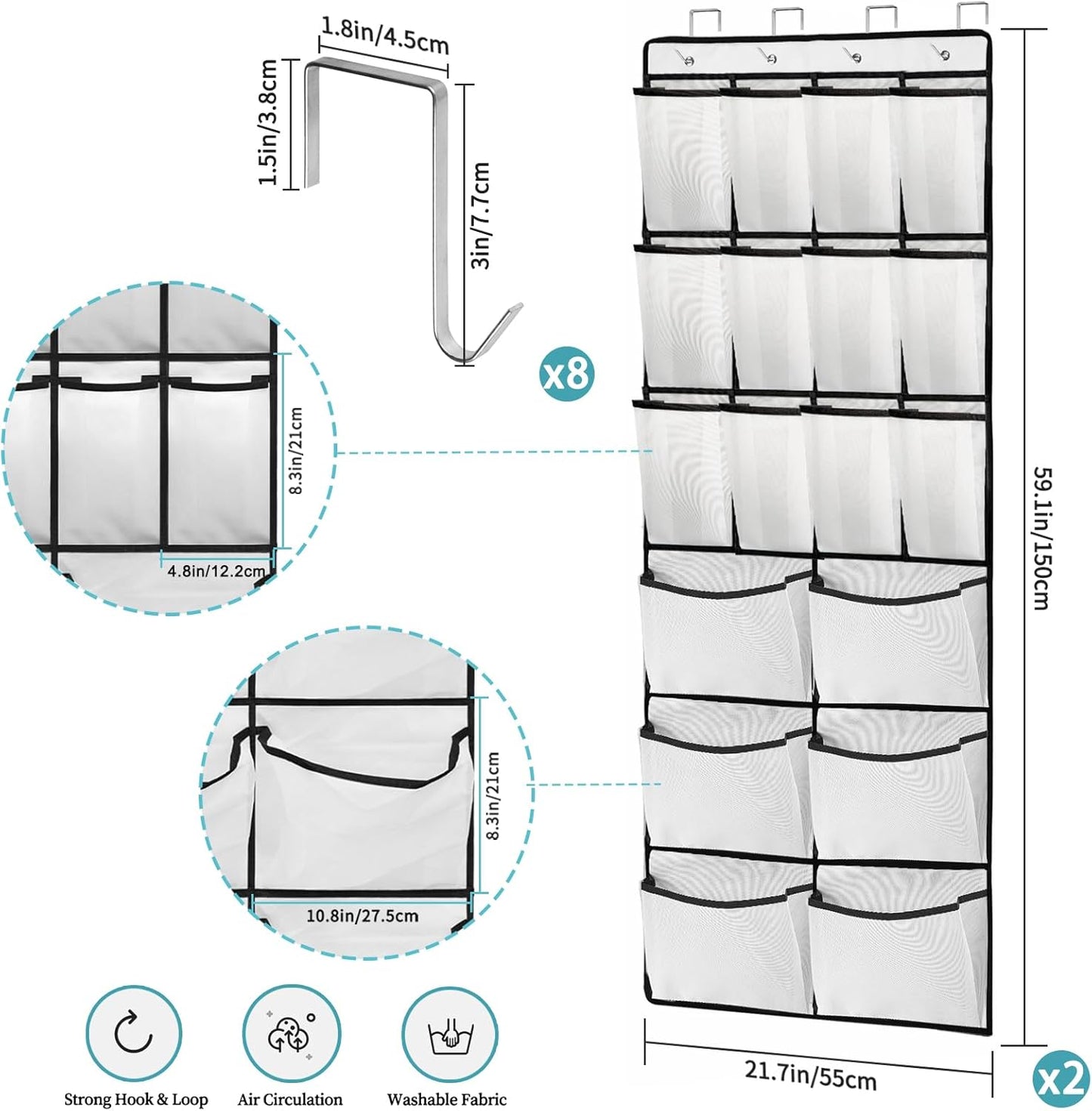 2 Packs Over the Door Shoe Organizer, 36 Large Mesh Pockets Hanging Shoe Boots Rack Holder, Closet Hanging Organizers for Storage Sneakers High Heeled Shoes Slippers (White)