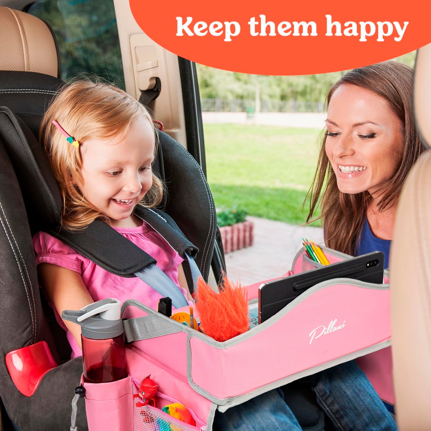 PILLANI Kids Travel Tray for Car - Car Seat Tray for Kids Travel, Road Trip Essentials Must Haves - Carseat Table Roadtrip Activities - Toddler Lap Desk Organizer for Airplane - Pack of 2, Pink