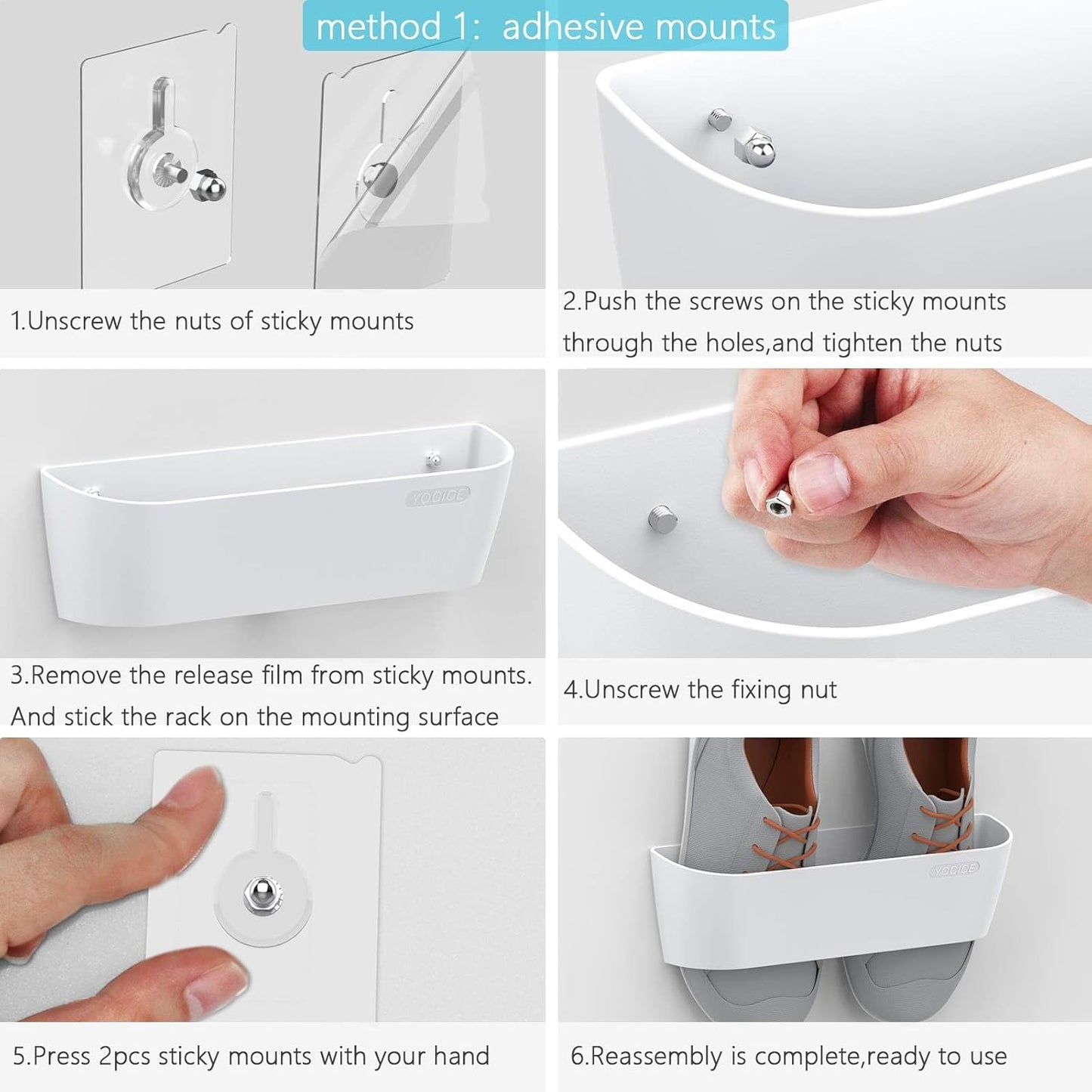 Wall Mounted Shoes Rack 6Pack with Sticky Hanging Strips, Plastic Shoes Holder Storage Organizer,Door Shoe Hangers (SM03-White-6)