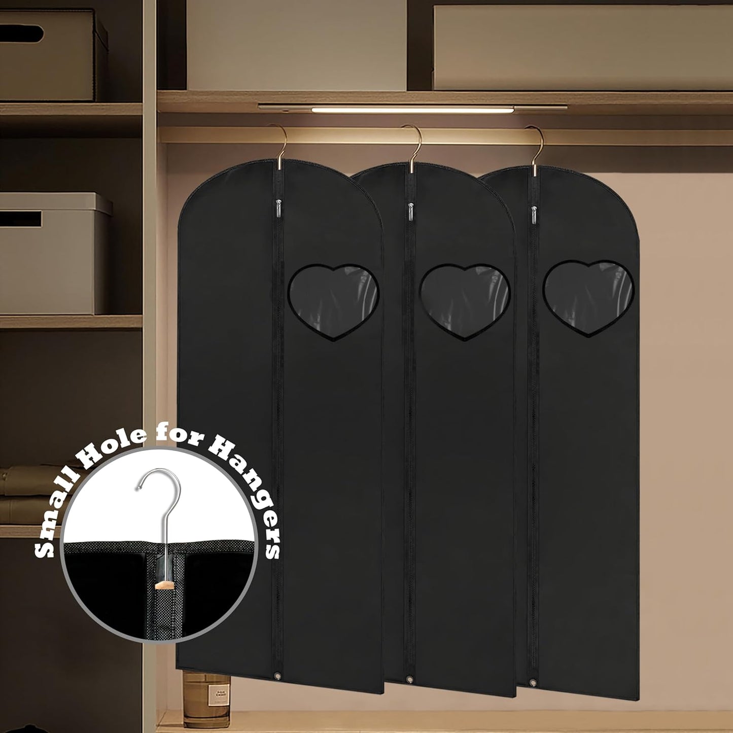 Dress Bags for Gowns Long, 60'' Garment Bags for Hanging Clothes, Suit Bag Cover for Storage and Travel, with Clear Heart Window, 2 Pack (Black)