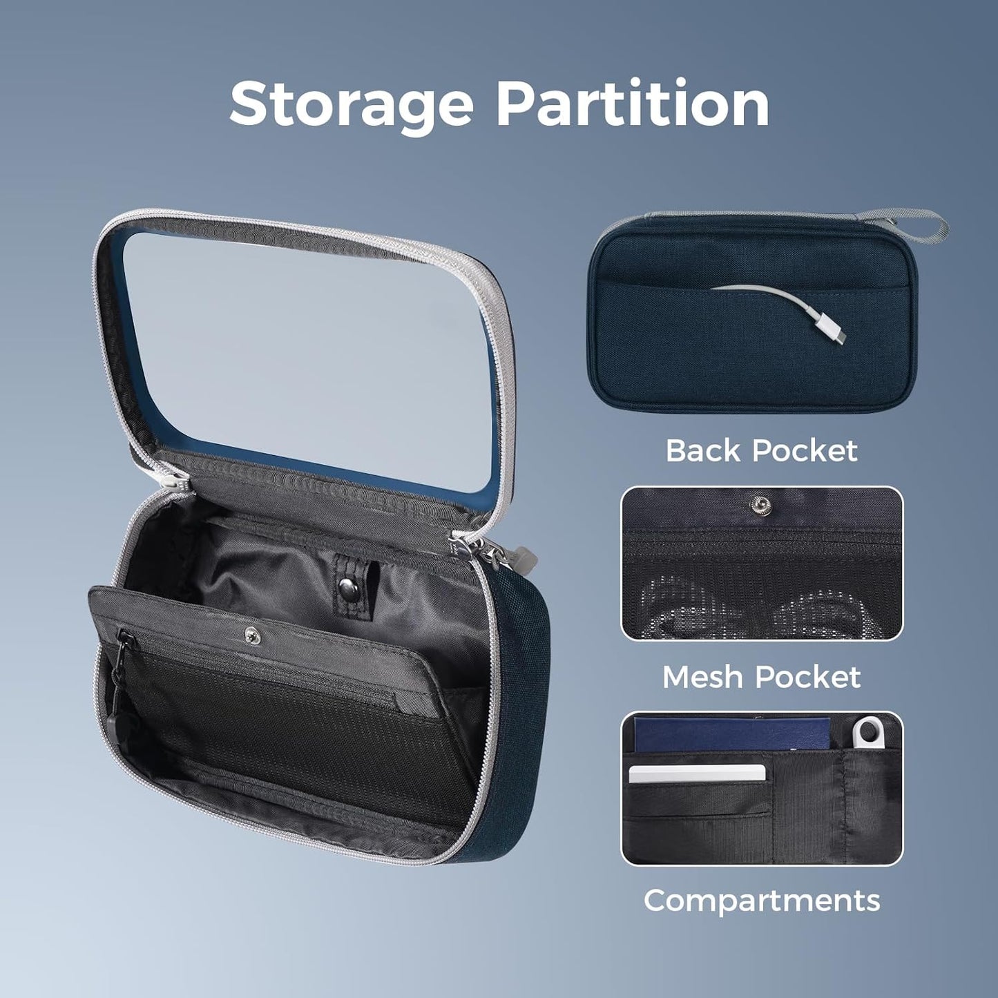 pack all Clear Electronic Organizer, TPU Cable Organizer Bag, Compact Cord Travel Organizer for Cables, Chargers, Phones, USB cords, SD Cards (Dark Blue)