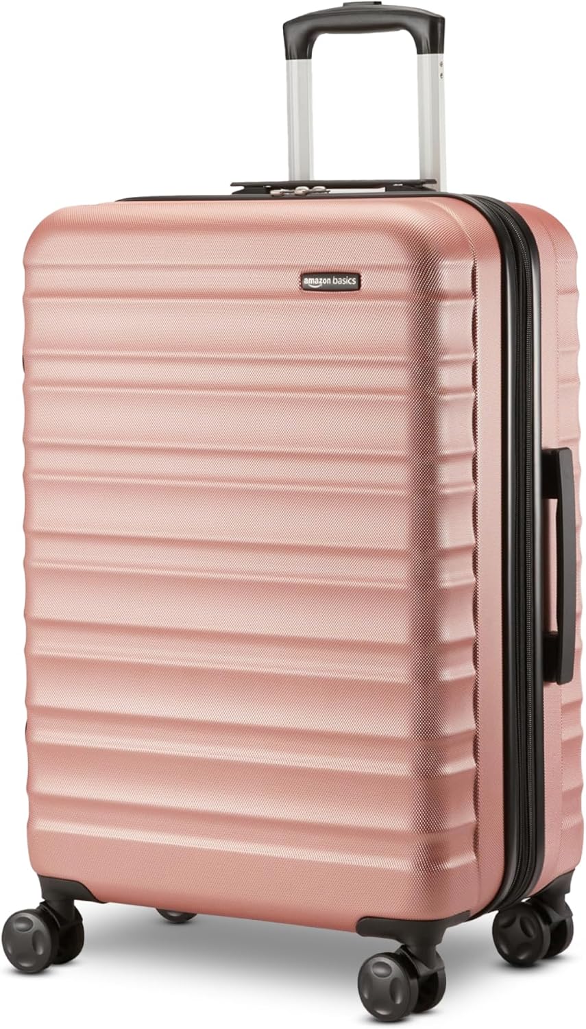 Amazon Basics 26" Hardside Medium Checked Luggage, Hardshell Suitcase With Wheels, Expandable For Up to 15% More Space, With Scratch-Resistant Surface, Four Multi-directional Wheels, Rose Gold