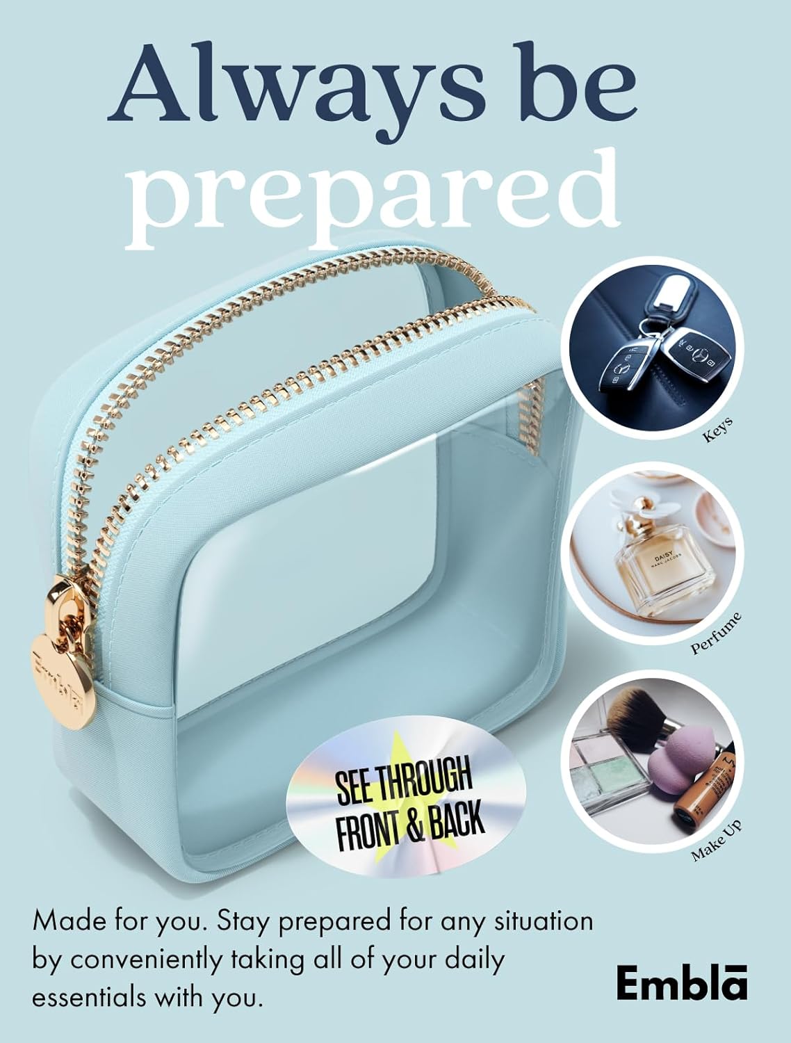 Embla Clear Makeup Bag Zipper Pouch, Transparent Cosmetic Case Organizer, TSA Approved Travel Toiletry Case, Travel Accessories Essentials Makeup Tote for Women, Mini Cute Make up Bag for Purse - Sky