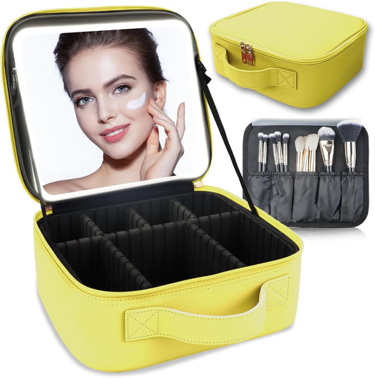 Makeup Bag with Led Mirror,Travel Makeup Organizer with 3 Color Setting, Portable Storage and Adjustable Dividers Travel Makeup Bag(yellow)