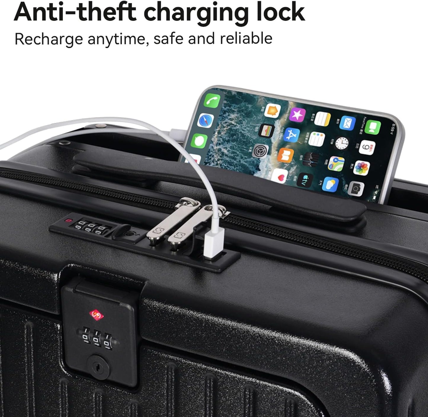 SOKOK Front Pocket Luggage Carry On with Spinner Wheels, Wide Handle Travel Suitcase PC Hardshell Durable Rolling Luggage for Business Trip with Charging Port and Cup Holder, Black