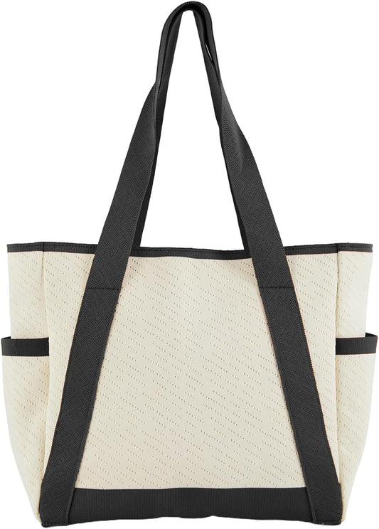 Large Canvas Tote Bag,White and Green, with Laptop Sleeve and Multiple Pockets