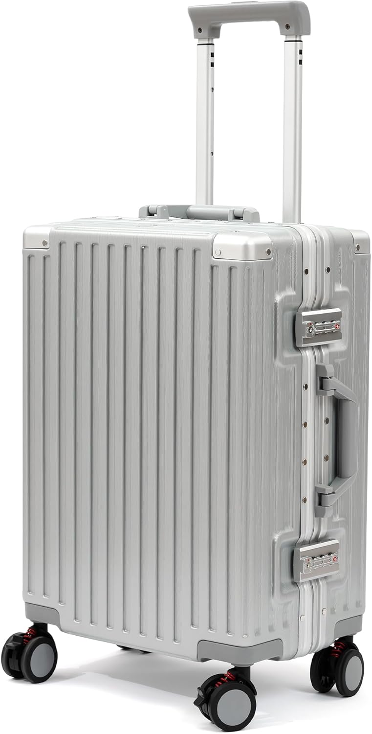24 Inch Luggage With Spinner Wheels, Aluminum Frame Zipperless Suitcase, PC Lightweight Hard Shell with TSA Lock, Checked Medium Suitcase 24-Inch (Silver)