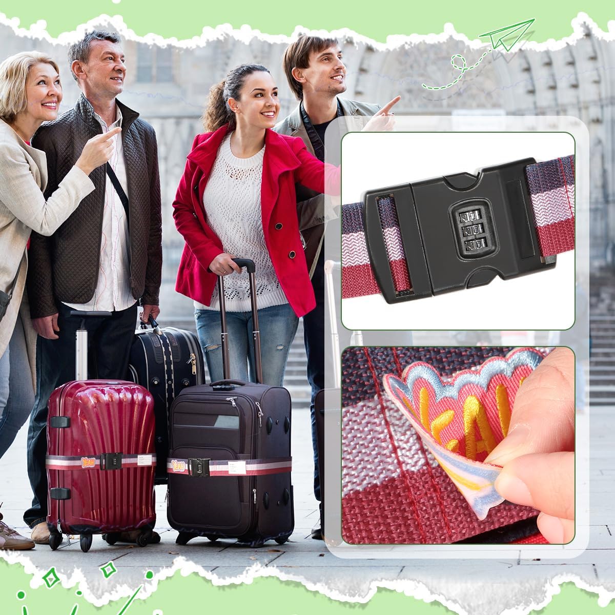 Adjustable Luggage Straps with Combination Lock – 2 Pack Bright Colors, Quick-Release Buckle, Secure Travel Luggage Straps for Added Safety（Tricolor)