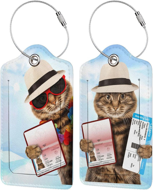 2 Pack Funny Cat Luggage Tags for Suitcases Women Men Kids, Bag Tags for Leather Luggage with Waterproof Suitcase Tags Privacy Cover Name ID Label Steel Loop for Travel Bag Suitcase (Funny Cat)