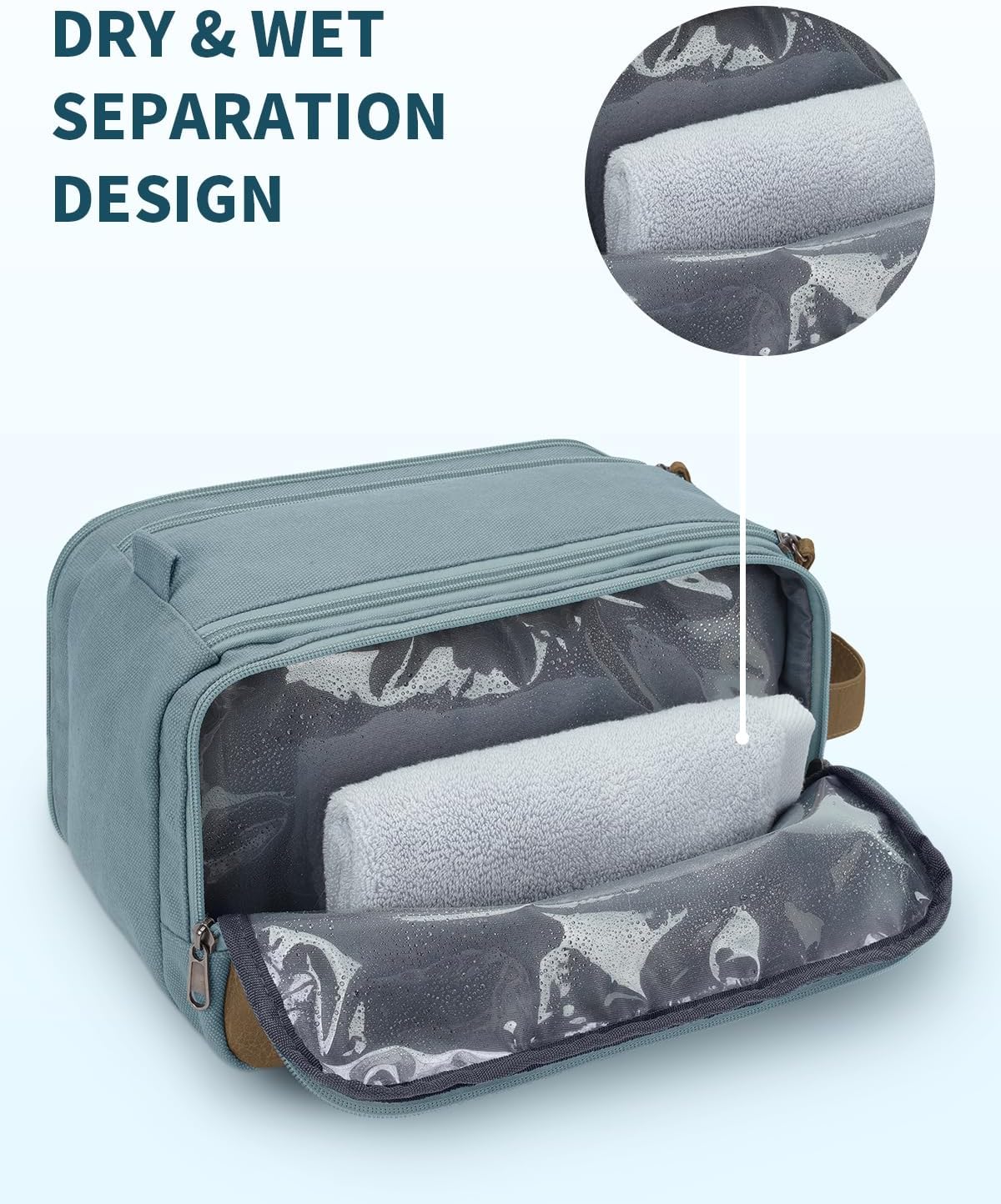 WANDF Toiletry Bag for Men Travel Toiletry Organizer Canvas and Leather Dopp Kit Water-Resistant Shaving Bag for Travel Accessories (Pale Blue, Large)