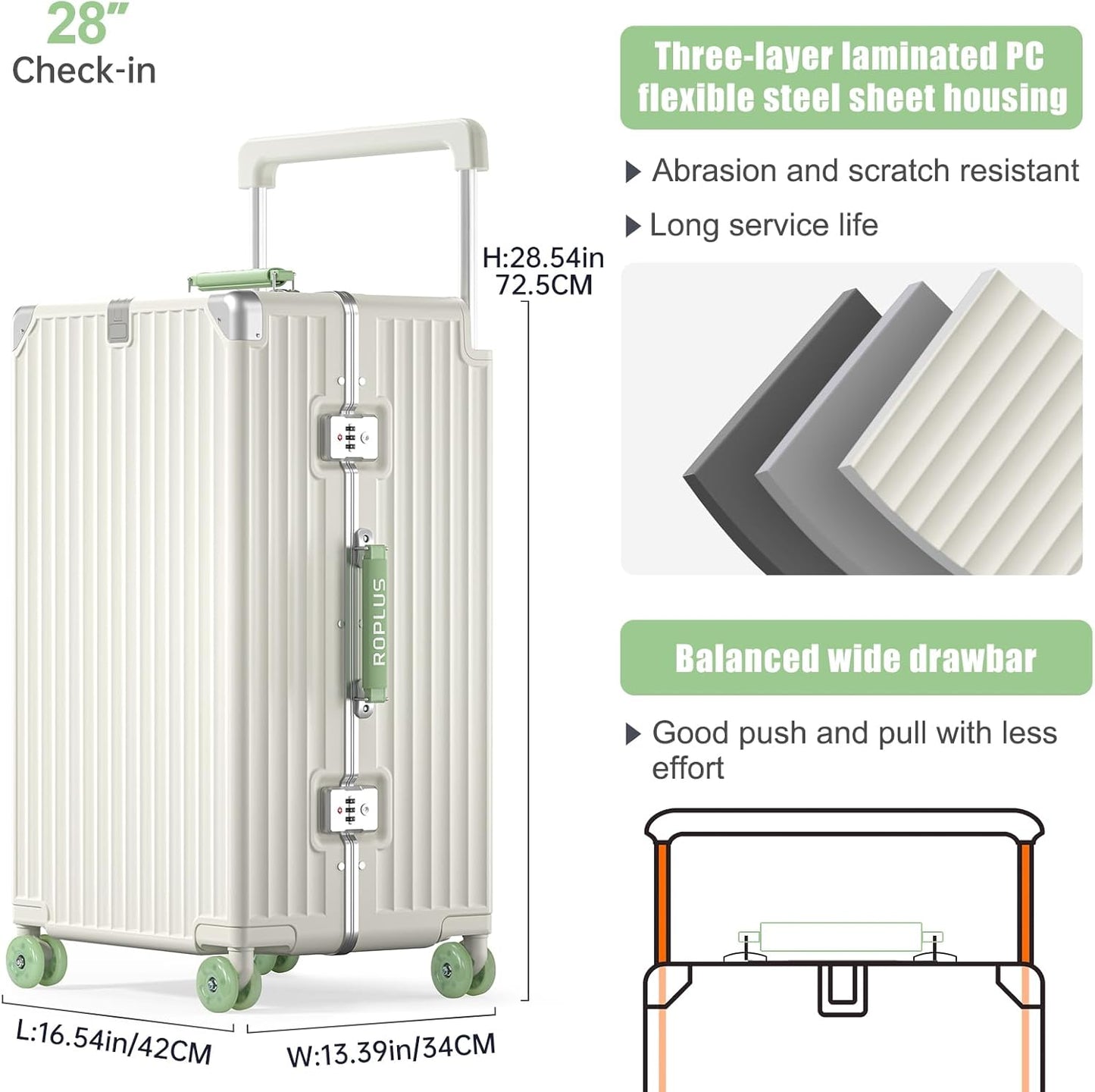 Aluminium Frame Checked-Luggage with Smooth Jelly Wheels, Hardside Zipperless Rolling Suitcase with TSA Lock (WhiteGreen, 28-Inch)