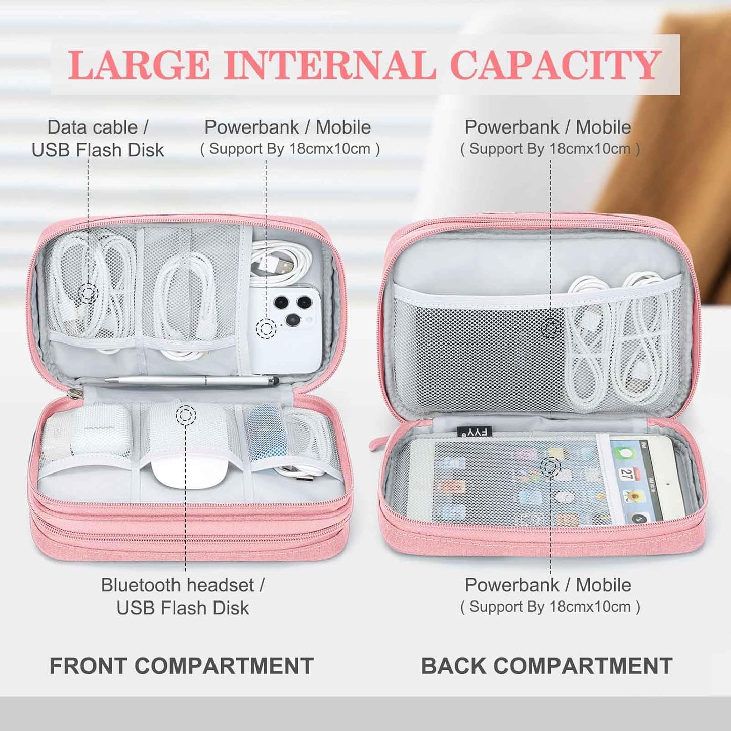 FYY Electronic Organizer, Large Travel Cable Organizer Bag Pouch Electronic Accessories Carry Case Portable Waterproof Double Layers All-in-One Storage Bag for Cable, Cord, Charger, Phone, Pink