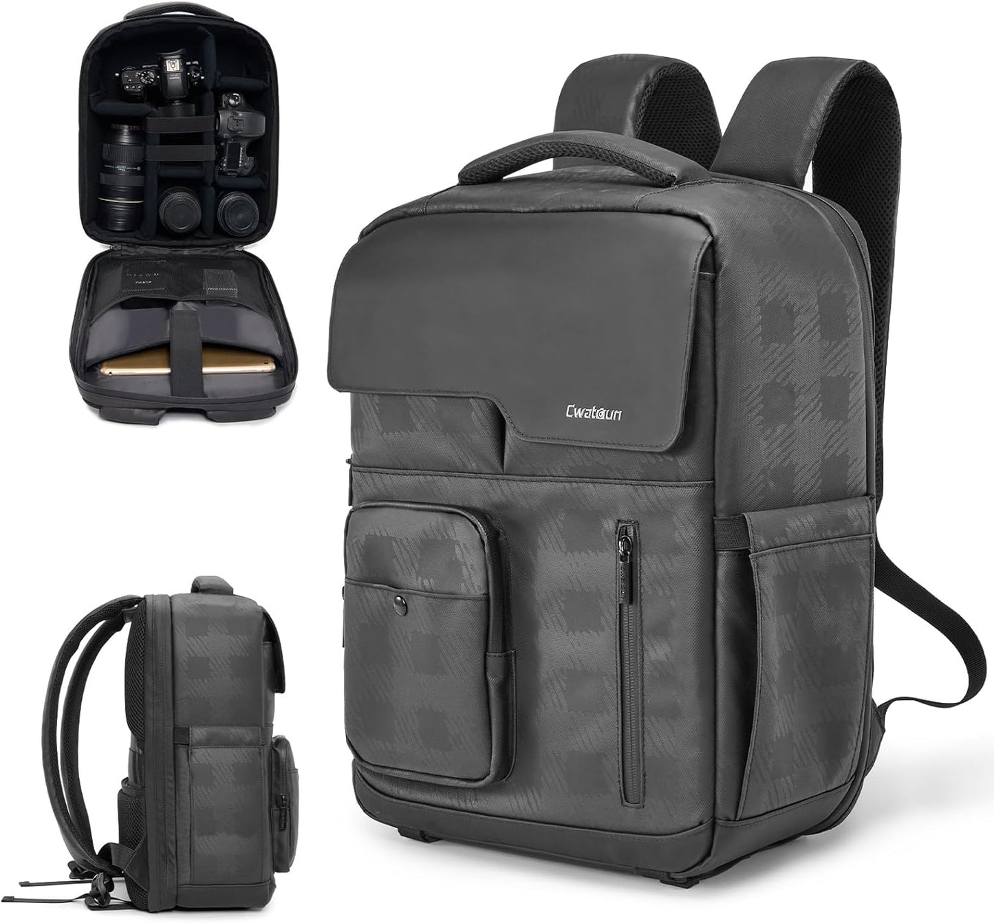 Cwatcun Waterproof Camera Backpack PU Leather Camera Bag with Tripod Holder, 14" Laptop Compartment for Canon Sony Nikon SLR DSLR Mirrorless Camera, Lens, Travel Photography Camera Bag Case
