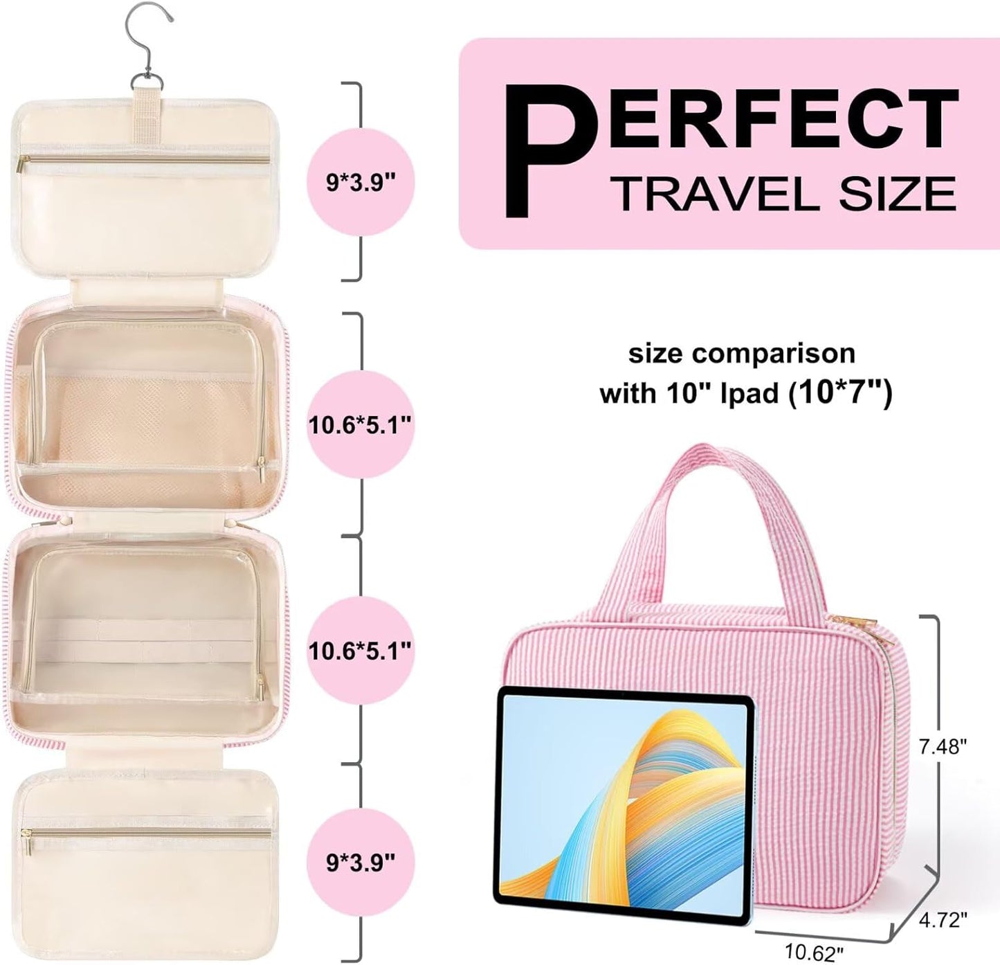 TOPEAST Hanging Toiletry Bag for Women - Travel Toiletry Bag Makeup Bag, Portable Toiletries Cosmetic Bag, Airplane Travel Essentials - Letter W, Pink