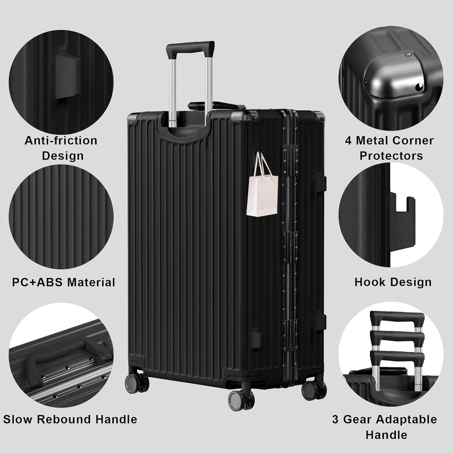 AnyZip Luggage Sets 2 Piece Aluminum Frame Carry On and Checked Suitcase PC ABS Hard Shell TSA Lock No Zipper(Black, 20/28)