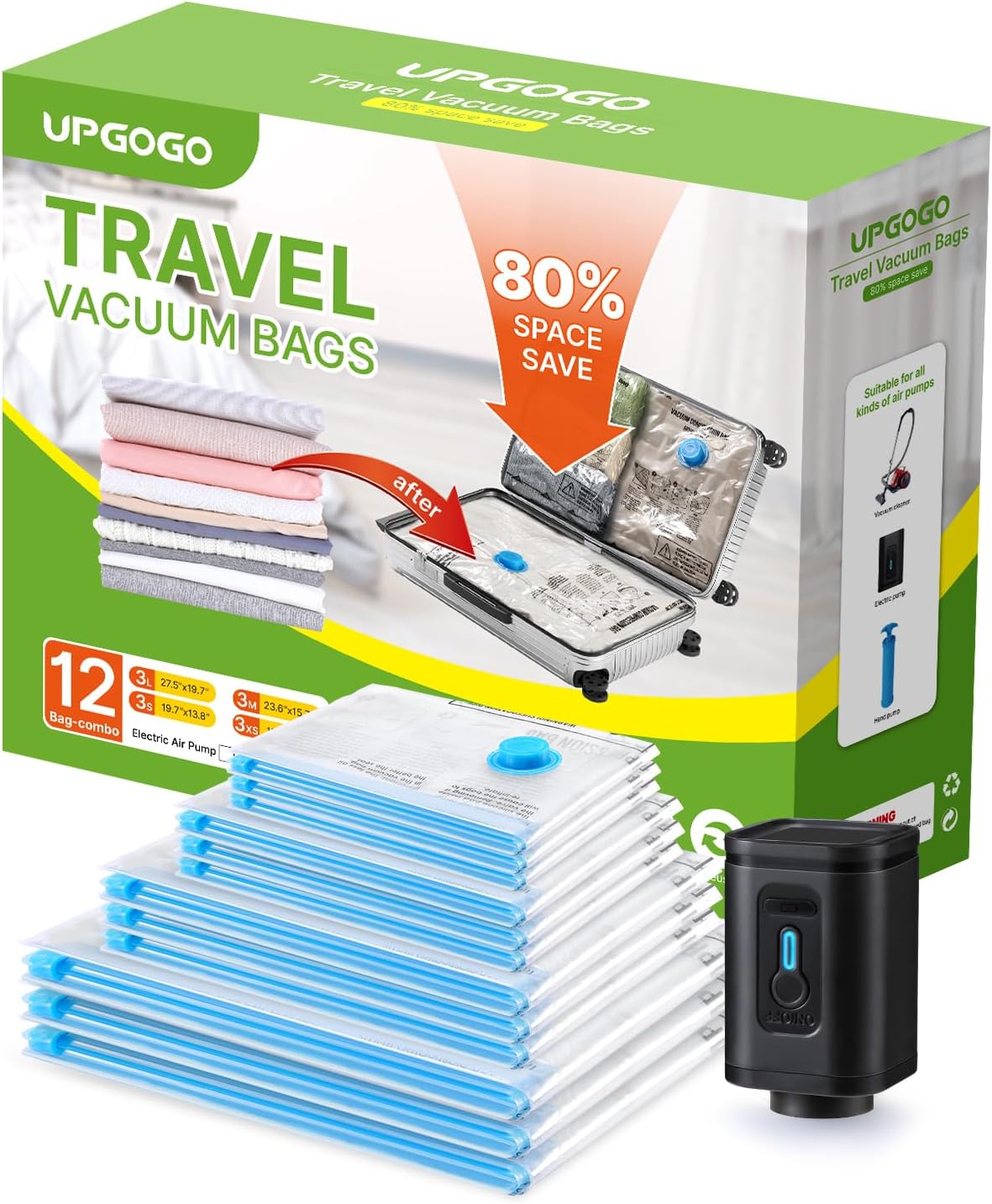 Combo 12 Pack Travel Vacuum Bags with Portable Electric Pump, Space Saver Vacuum Storage Bags for Clothing and Luggage, Travel Essentials