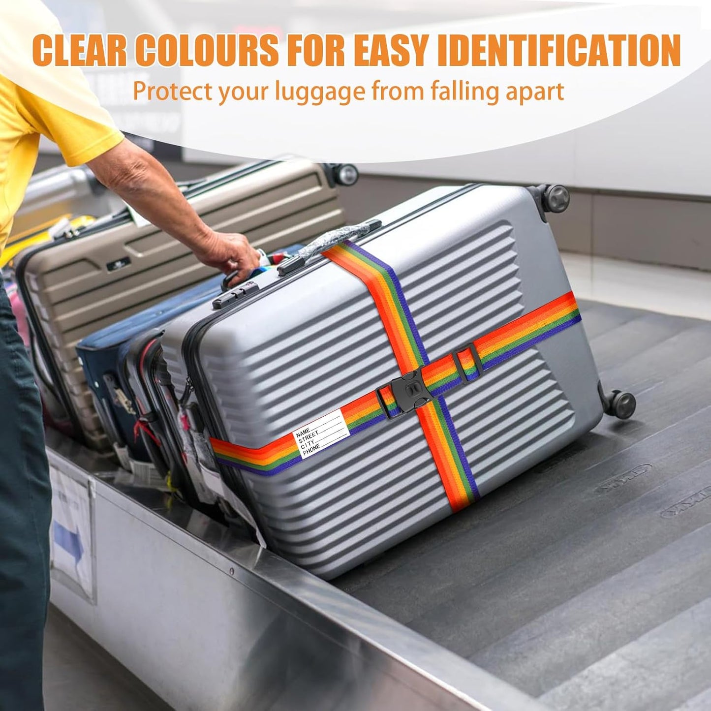 BILIONE Luggage Straps 88 inch Adjustable Suitcase Belt, Lockable Against Accidental Opening, Easy to Identify Travel Accessories, Add a Bag Connector (Vibrant Orange + Green, 4)