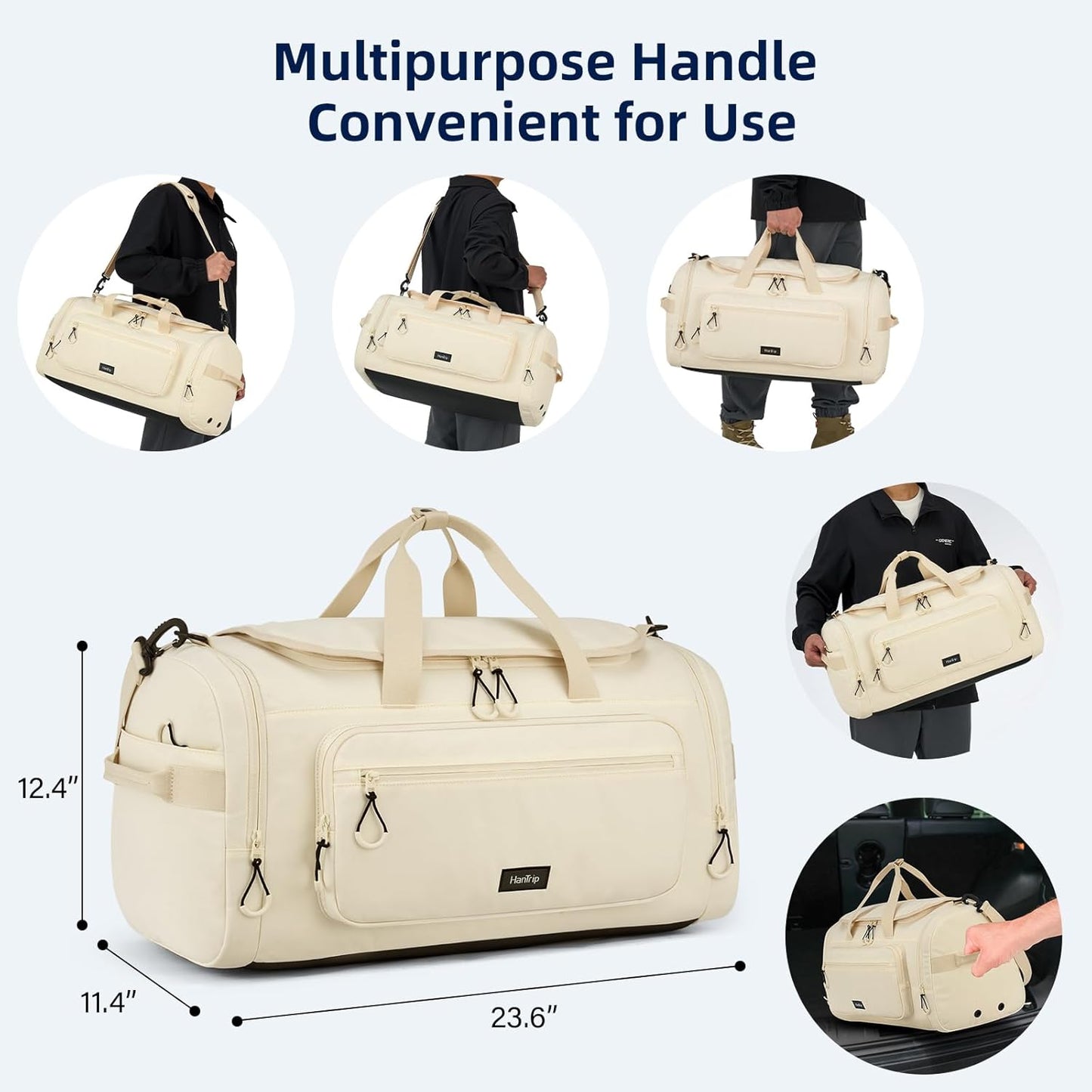 Large Travel Duffle Gym Bag with Shoe Compartment, Underseat Carry On Luggage Overnight Weekender Personal Item Workout Bags for Women Men (Offwhite)