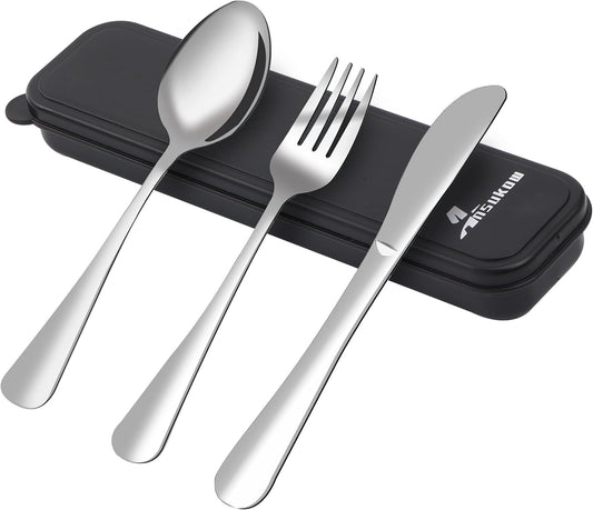 4 Picec Travel Utensils Camping utensils Travel Silverware Set with Case Fork and Spoon Set Office Stainless Steel Reusable Trip Cutlery Set Easy to journey Lightweight Lunch Box for Men