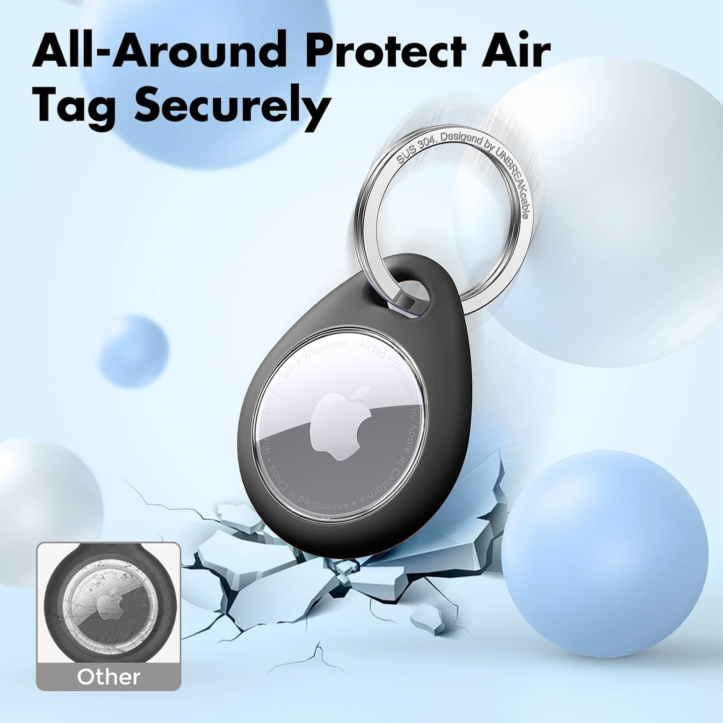 UNBREAKcable Holder for Apple AirTag 4 Pack [Hold Air Tag Securely] [Easy to Install] [Fit Tightly Design] Protective Case Waterproof TPU Shell with 304 Stainless Steel Key Ring Keychain, Black