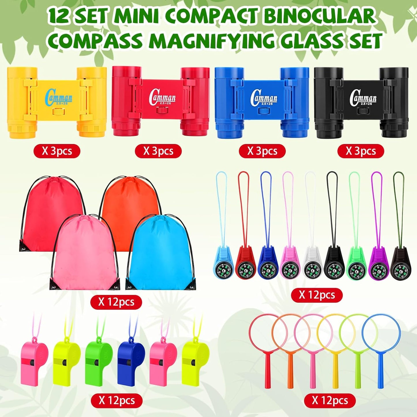 12 Set Binocular Compass Magnifying Glass Set Christmas Birthday Gift Small Telescope Binocular with Whistle Bag for Outdoor Exploring Stocking Stuffer(Assorted Color,Novelty)