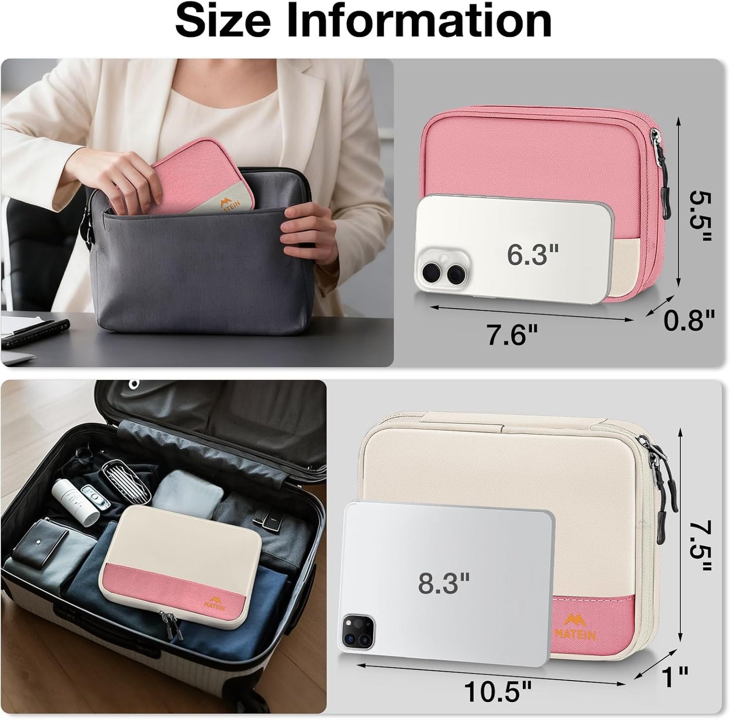 MATEIN Travel Cord Organizer Case 2 Pack for Women, Double Zipper Cable Organizer Bag for Tech Accessories, Water Resistant Lightweight Electronics Bag for Charger, USB Drive & Phone, Office Gifts