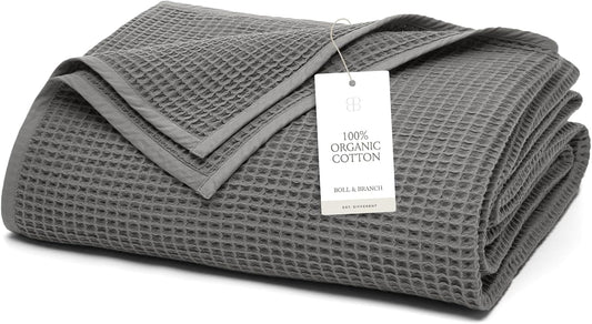 BOLL & BRANCH Waffle Bed Blanket - King/Cal King, Stone - Luxury 100% Organic Cotton - Soft, Lightweight and Breathable - Textured Waffle Weave Design