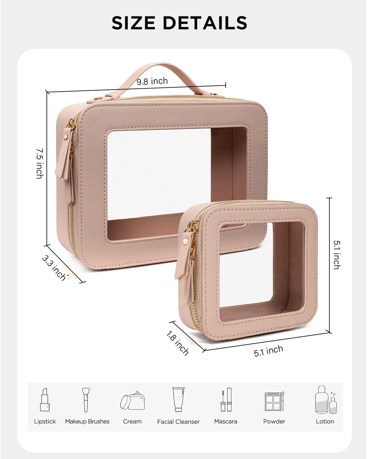 LETGO Clear Makeup Bags Set - TSA Approved Toiletry Bag with Handle Large Opening, Clear Toiletry Bags Case Pouch for Traveling Travel Car Orangizer Storage Essentials (Mini+Large Nude)