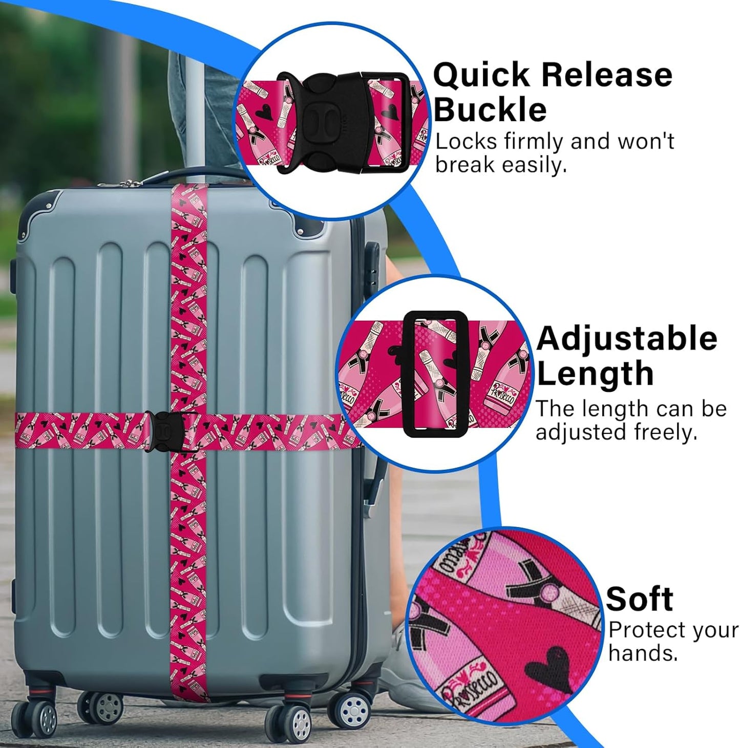 2 Pack Luggage Straps for Suitcases, Adjustable Travel Belt with Double Lock and Quick Release Buckle, Heavy Duty Nylon Bag Packing Strap, Bright Identifiers Business Travel Accessories-Pink Bottles