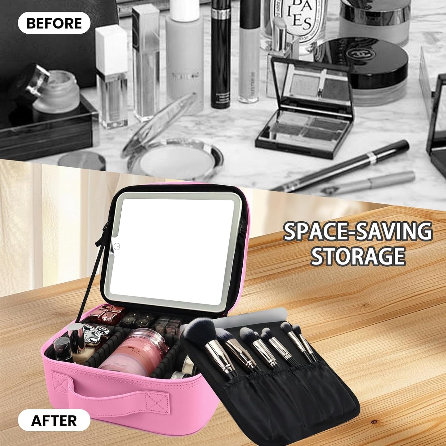 Travel Makeup Bag with LED Mirror and Light Travel Makeup Case Cosmetic Organizer Portable Cosmetic Brush Organizer Bag with Adjustable Dividers for Cosmetics Makeup Brushes Toiletry (Dark Pink)
