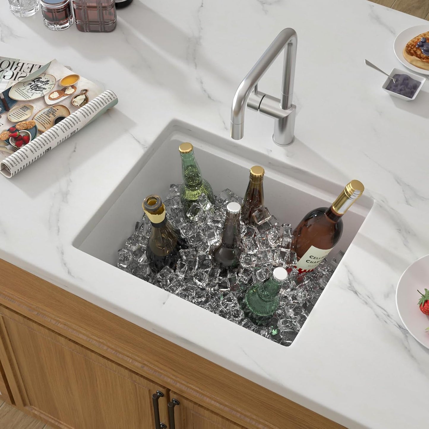 21 Inch White Granite Composite Bar Sink 21x18 Single Bowl Granite Composite Undermount Small Kitchen Sink Small Wet Bar Sinks with Workstation Quartz Natural Stone