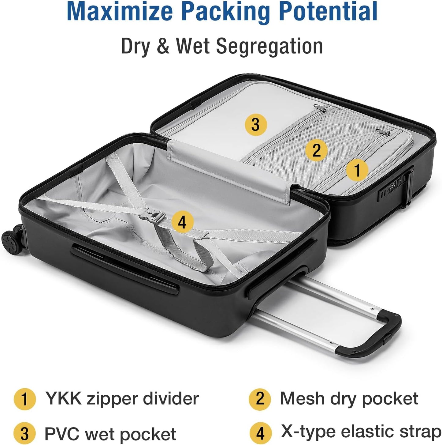 KYME 26-Inch Medium Checked Luggage, 100% PC Hardside Suitcase with TSA Lock & Double Spinner Wheels, Durable Travel Hard Shell for Men & Women (Black)