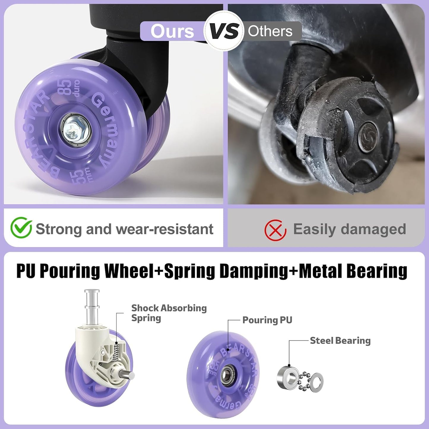 Aluminium Frame Checked-Luggage with Smooth Jelly Wheels, Hardside Zipperless Rolling Suitcase with TSA Lock (BlackPurple, 24-Inch)