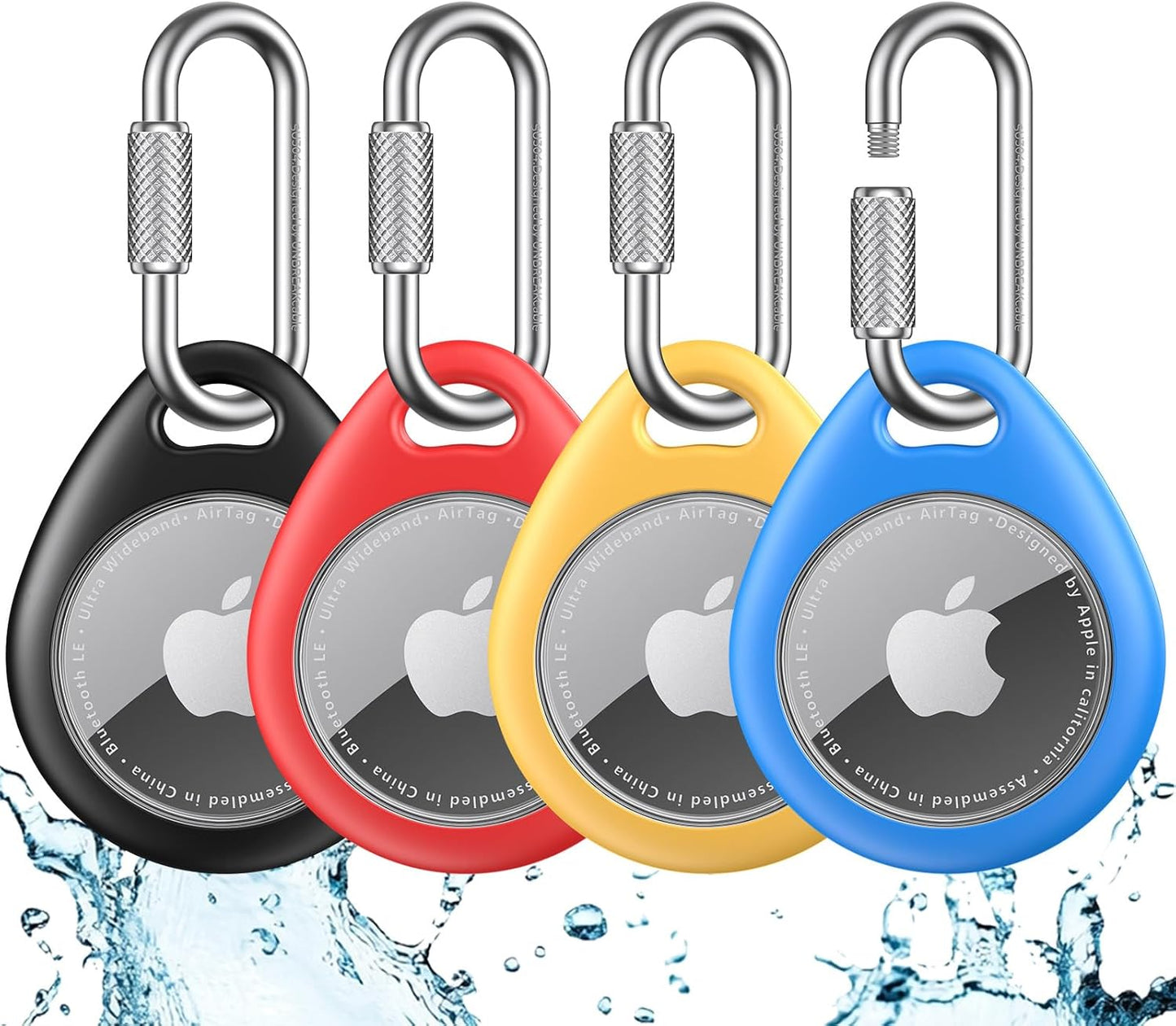 UNBREAKcable AirTag Holder for Apple - 4 Pack Air Tag Case [Professional Carabiner] [Waterproof] [Shockproof] TPU AirTag Keychain for Kids, Pets, Keys, Luggage, Backpacks
