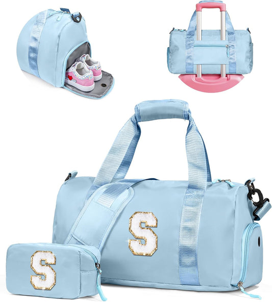 Presents For Girls-Girl Gym Bag with Shoe Compartment, Kid Personalized Weekender Overnight Bags, Travel Tote with Makeup Pouch, Gift for 3 4 5 6 7 8 9 10 11 12 Year Old Girls (Letter S)