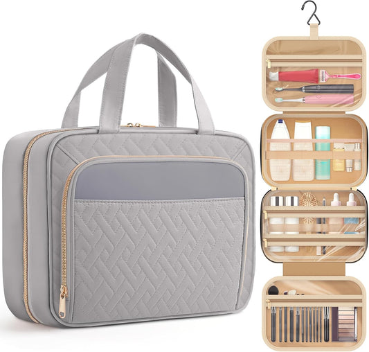 HOTOR Travel Toiletry Bag for Women & Men, Waterproof Makeup Bag with Hanging Hook and Multiple Pockets, Cosmetic Bags for Women, Travel Essentials, 11.2'' x 3.2'' x 8.9'', Grey