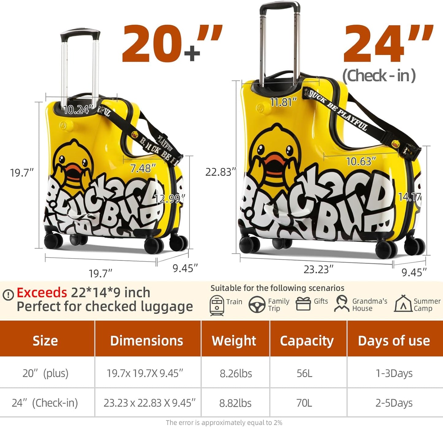 Ride on Kids Luggage with Wheels for Girls and Boys,Hard-sided Kids Rolling Suitcase for Toddler,Carry On 21 Inch Ages 3-6,Yellow