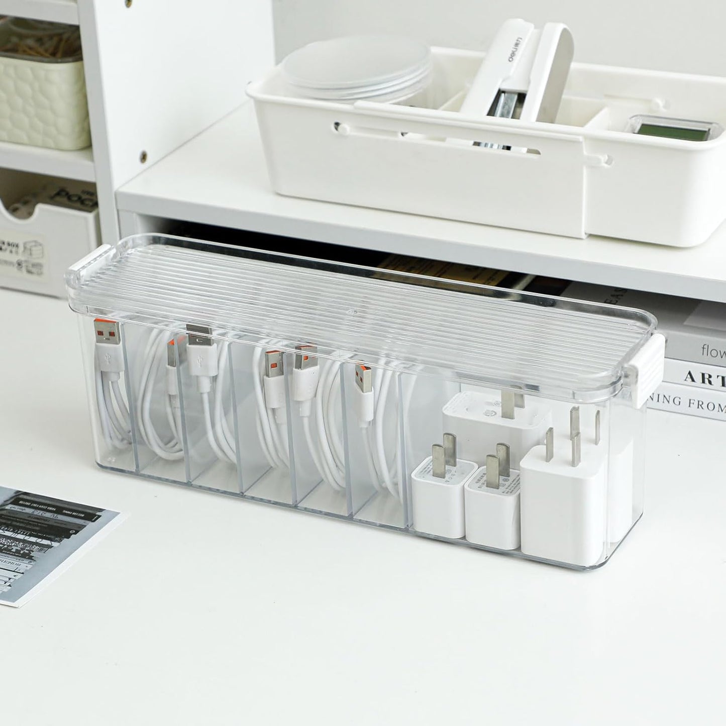 Yesesion Plastic Cable Organizer Box with 7 Compartments, Clear Cords Storage Case for Desk Drawer Accessories, Phone Charger, Art Crafts, Stationery Holder for Marker Pen, Pencils, Crayons