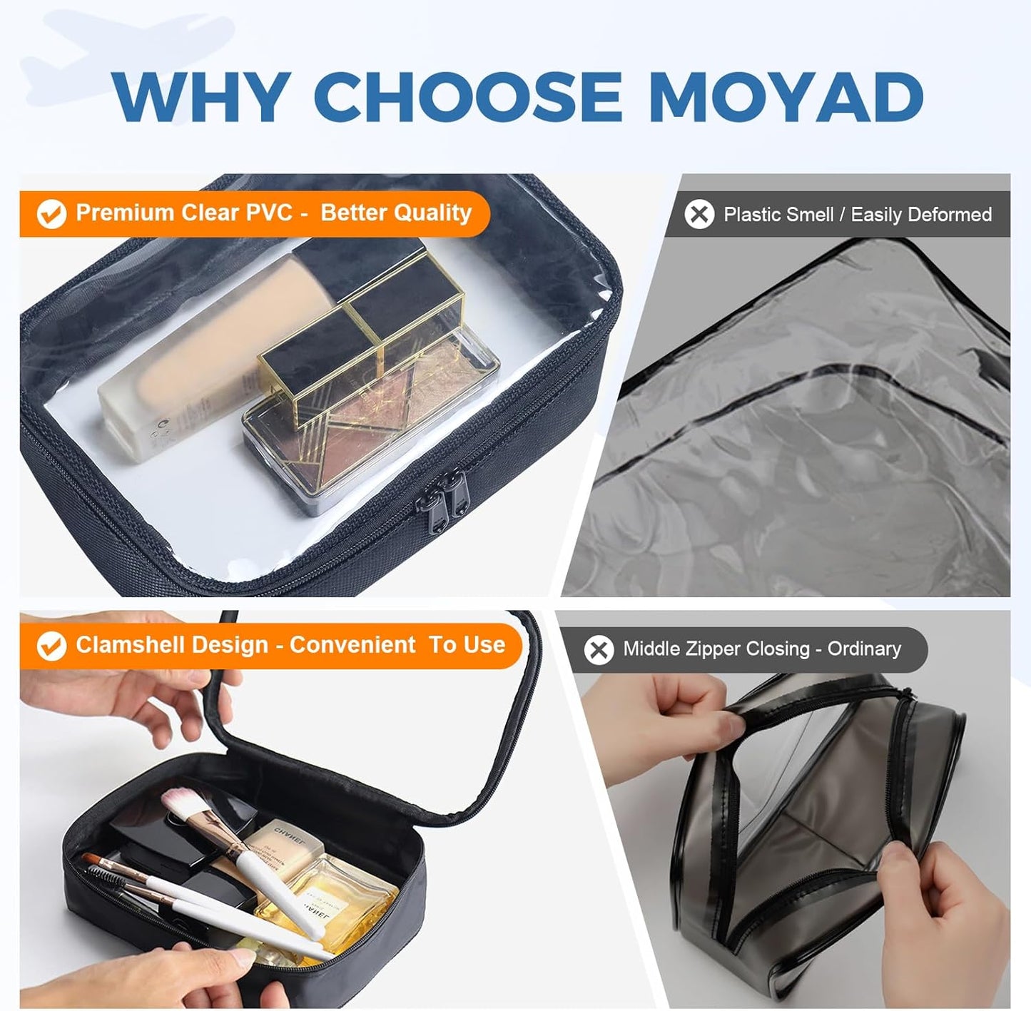 Moyad TSA Approved Clear Toiletry Bag, 2 Pack Quart Size 3-1-1 Liquids Pouch for Travel, Transparent Makeup & Cosmetic Organizer for Women Men, Black