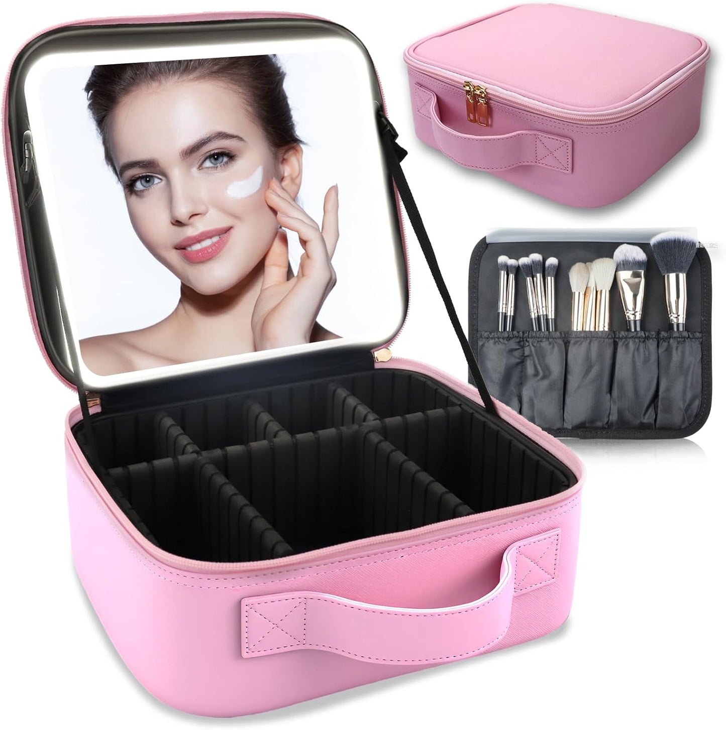 Makeup Bag with Led Mirror,Travel Makeup Organizer with 3 Color Setting, Portable Storage and Adjustable Dividers Travel Makeup Bag(Light Pink)