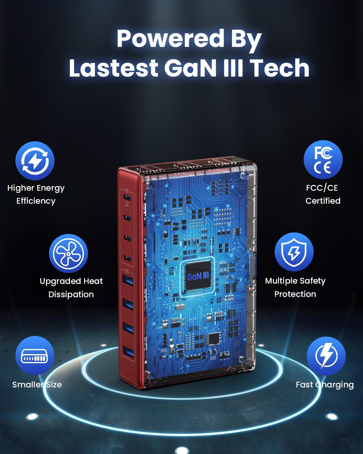 200W USB C Charger Block,8-Ports GaN III Fast Charging Station Hub,QC4.0+PD 65W Laptop Charger Wall Chargers Power Adapter for MacBook Pro/Air,DELL,Steam Desk,iPhone 17/16/15,iPad,Galaxy S25,Pixel-Red