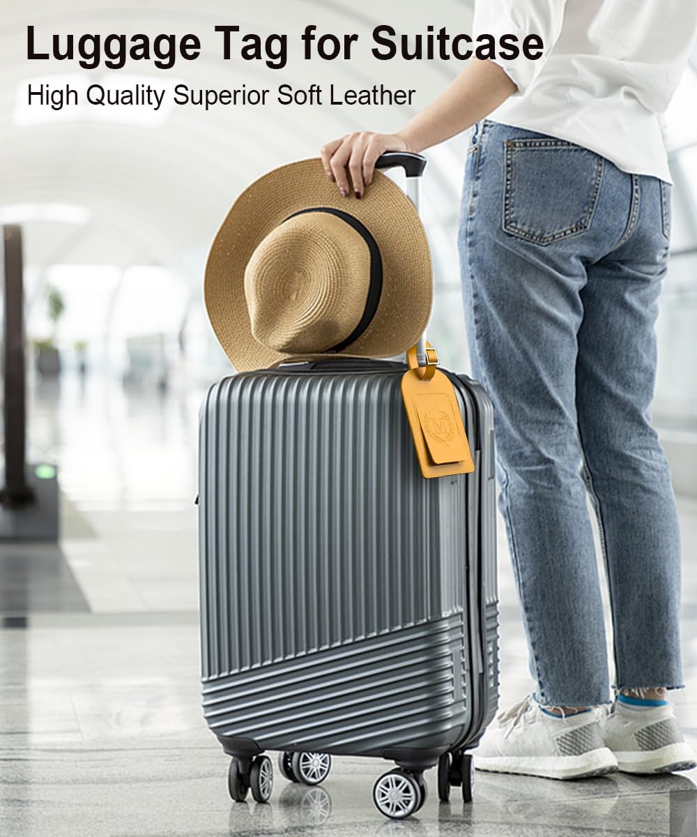 FESAS 3 Pack A-Z Alphabet Luggage Tags - Faux Leather Suitcase Tags with Privacy Cover & Replaceable Card - Initial Letter Monogram for Bags (Yellow)