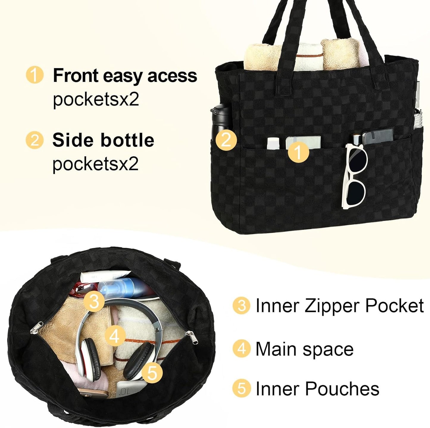 LEDAOU Large Beach Tote Bag Women Waterproof Sandproof Zipper Beach Tote Bag for Pool Gym Grocery Travel with Wet Pocket