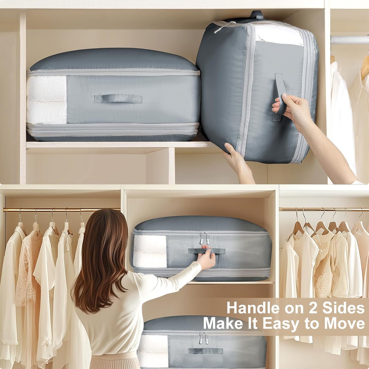 Comforter Storage Bag - Large Capacity Blanket Storage Bags 3-Layer Ultra Space Saving Self Compression Organizer, Washable Compression Bags for Storage Comforter Blanket, 8-Pack, Grey