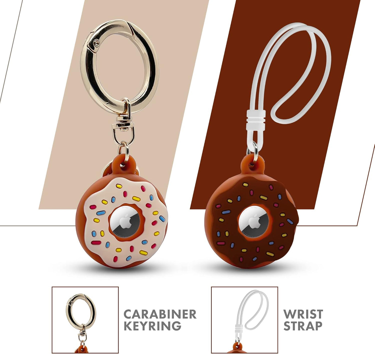 Apple AirTag 4 Pack Shockproof, Dustproof & Washable Cases, Silicon Holders with Accessories for Wallets, Luggage, Pet Collars, Key Finders (Donut (White & Brown))