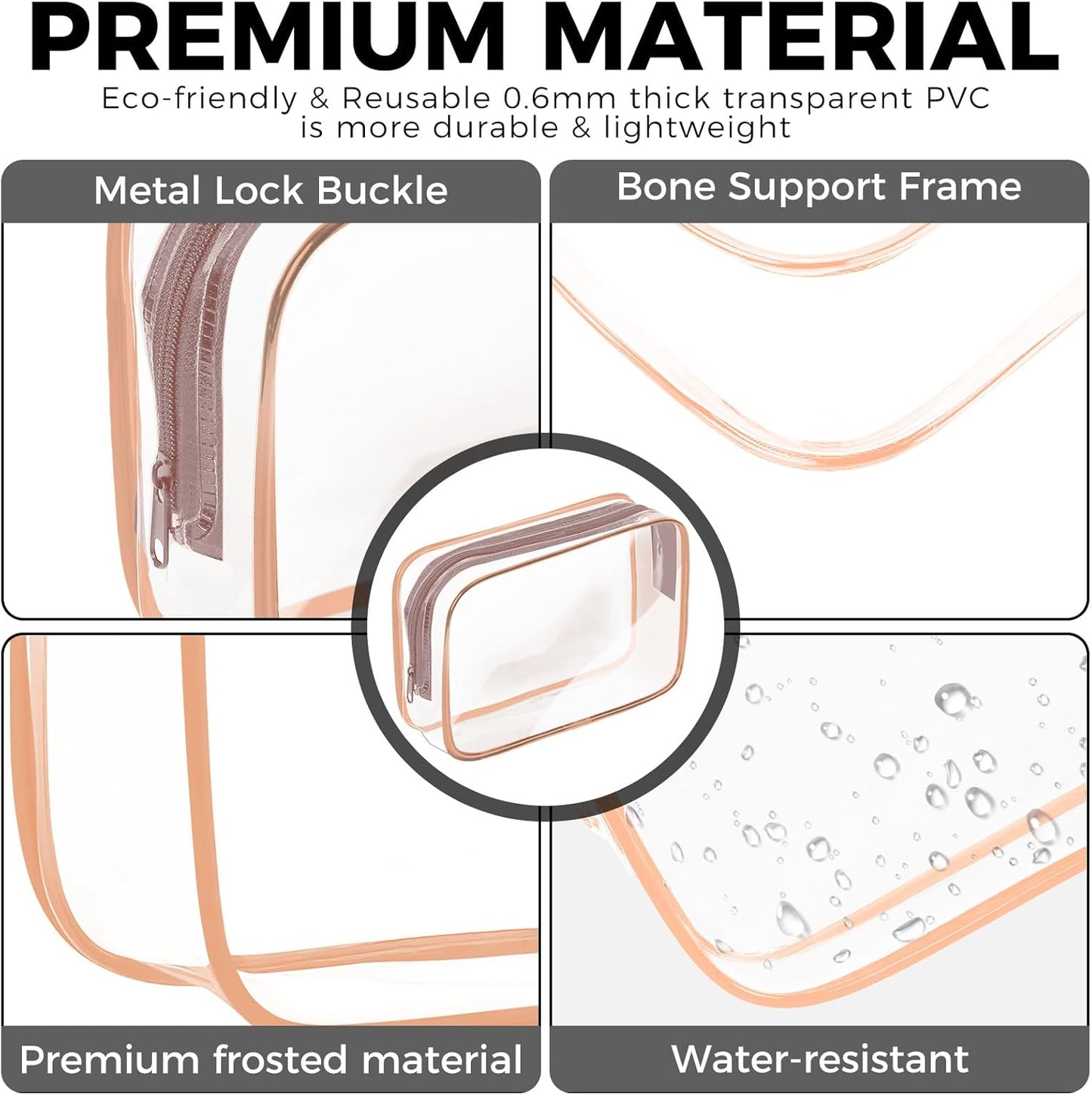 AURUZA 4 Pack Clear Toiletry Bag,Portable Travel Makeup Bags with Zipper, TSA Approved Clear Organizer Bags, PVC Cosmetic Pouch for Airport Airline Compliant (4 Packs Rose Pink)