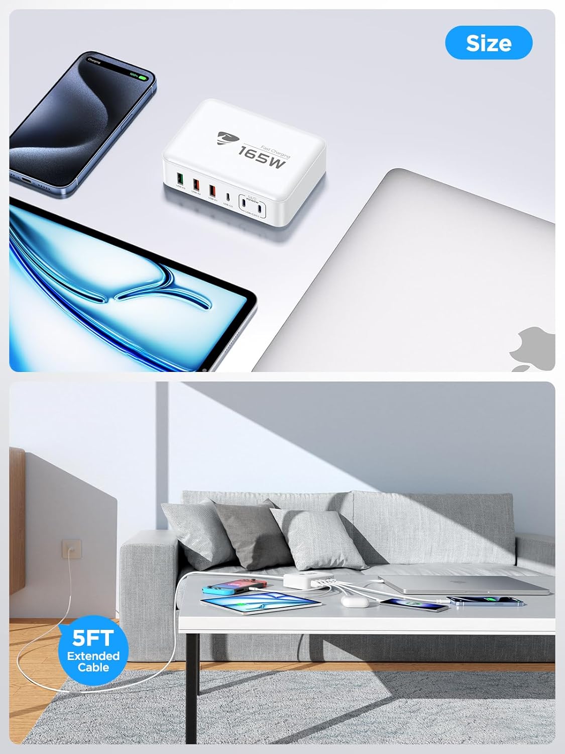 165W USB C Charger Block, 6 Port Multi USB-C Charging Station,100W PD Fast USBC Gan Charger Station Hub Dock for Multiple Devices, Laptop Type C Charge for MacBook/iPhone 16/iPad/Galaxy S25(5FT Cord)