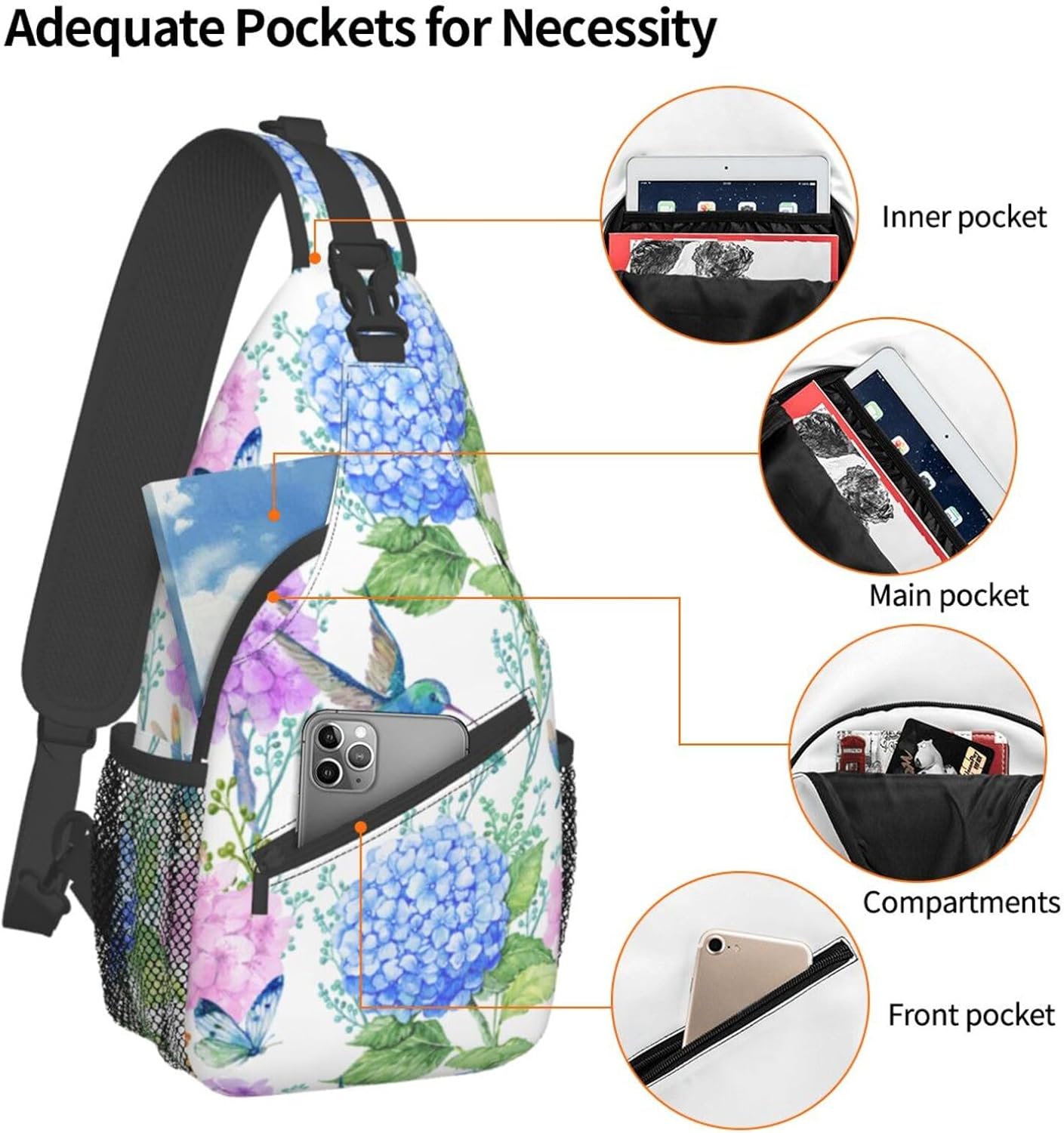 SUPLUCHOM Sling Bag Spring Hummingbird Flower Hydrangea Hiking Daypack Crossbody Shoulder Backpack Travel Chest Pack for Men Women Over 12 Years Old