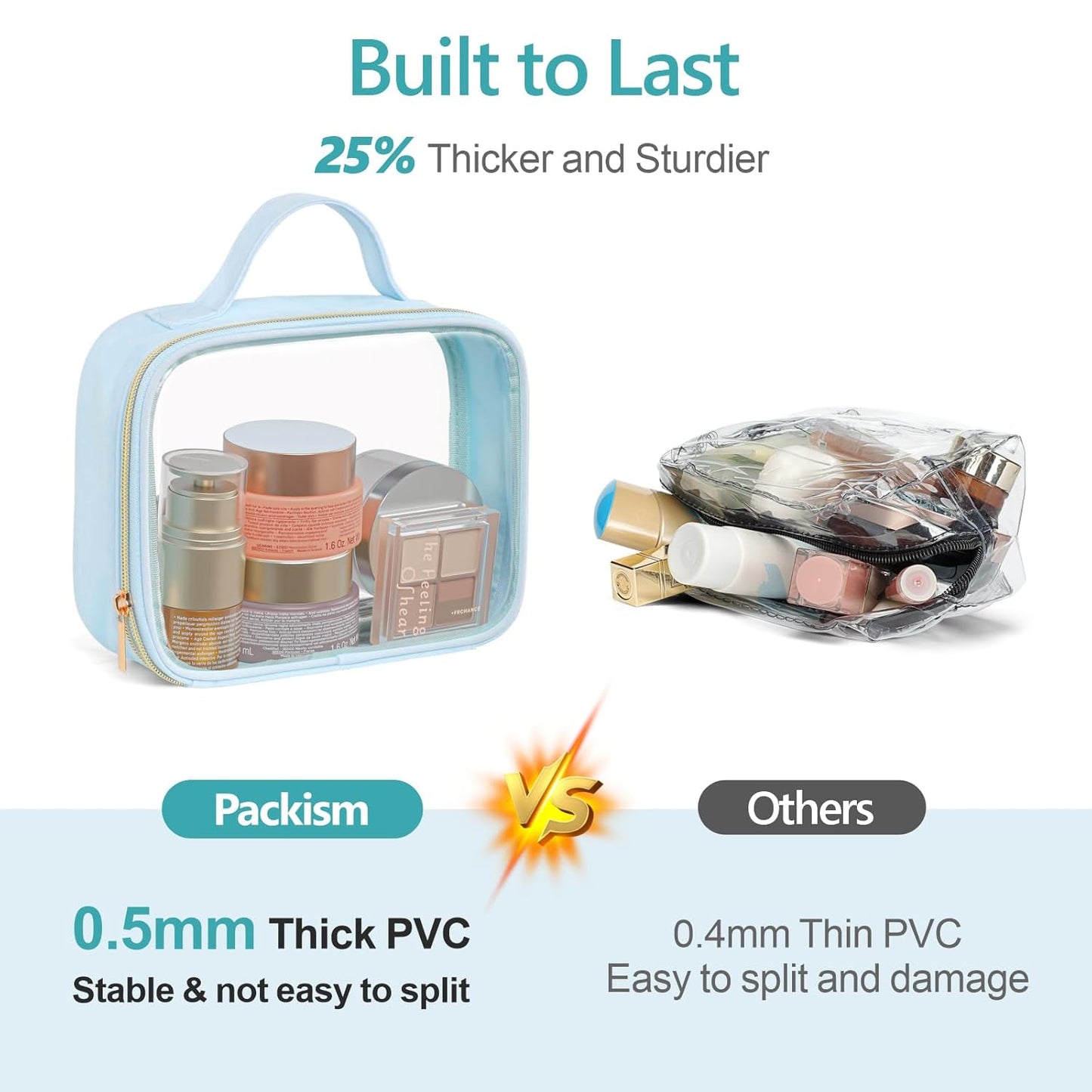 PACKISM Clear Makeup Bag - 3 Pack TSA Approved Toiletry Bag with Handle and 180° Large Opening, Sturdy Clear Toiletry Bag Fit Carry-on Travel Essential, Travel Bags for Toiletries, Ice Blue