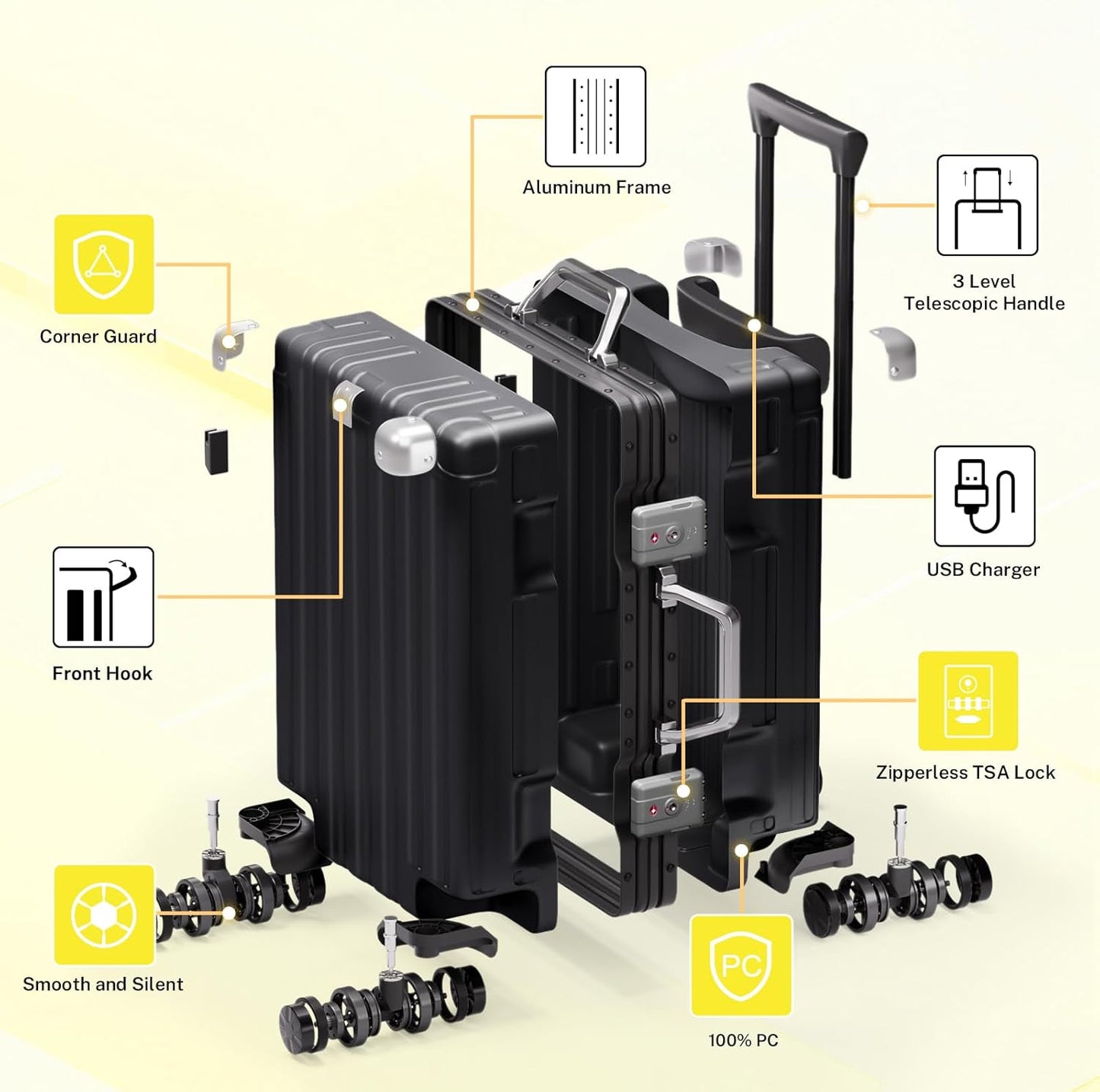 Krute Aluminum Frame Luggage 28 inch Zipperles Suitcase With Spinner Wheels USB Charger Hardside PC Large Luggages Checked Suitcases with TSA Lock (1 Piece)